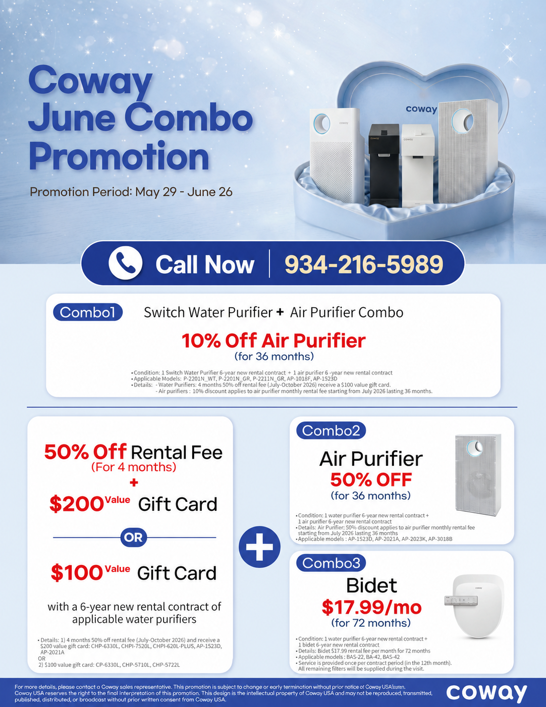 Upgrade your home with COWAY USA! Enjoy up to 50% off rental fees, up to a $200 Gift Card, air purifier discounts, and bidets starting at $17.99/month. Limited-time June Combo Promotion.