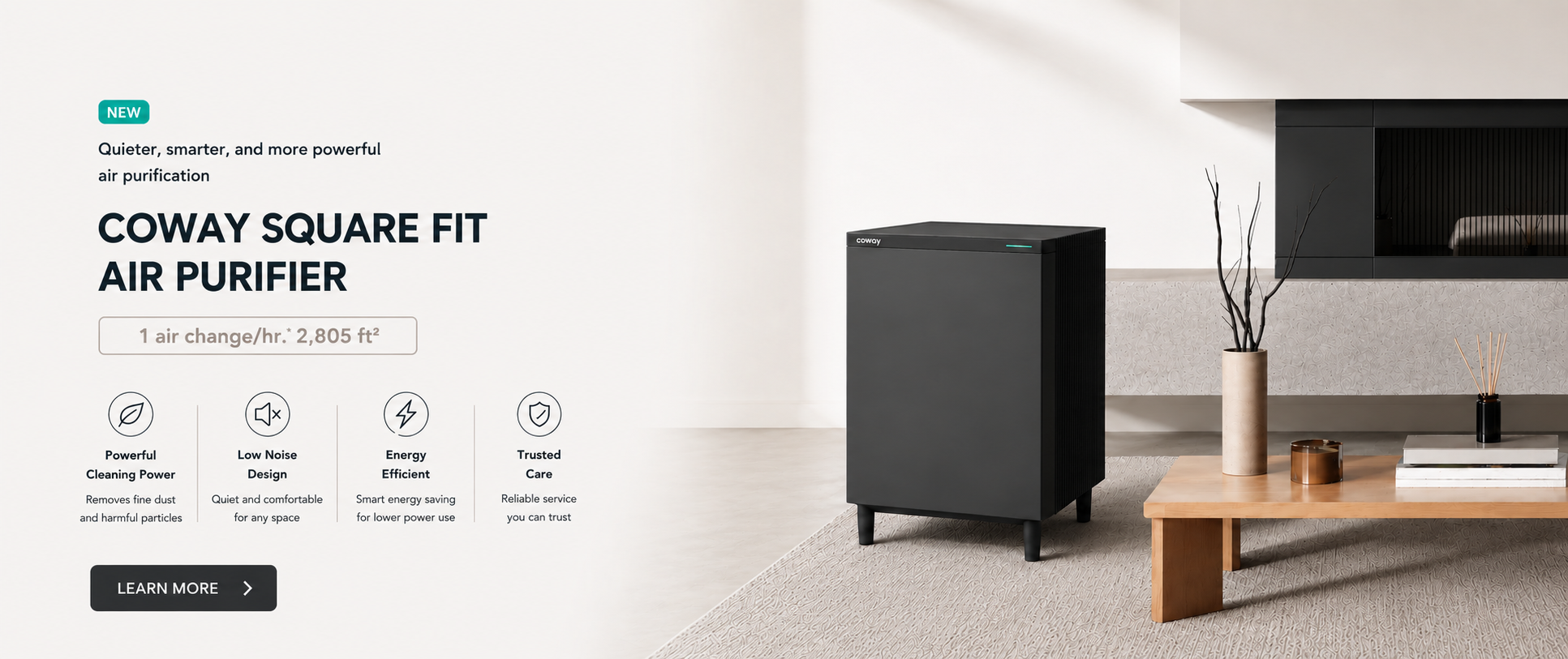 Discover the Coway Square Fit Air Purifier AP-2425H for spaces up to 24 pyeong (82㎡). Featuring a powerful HEPA filtration system, it removes fine dust, allergens, odors, and harmful airborne pollutants while delivering clean, fresh air.