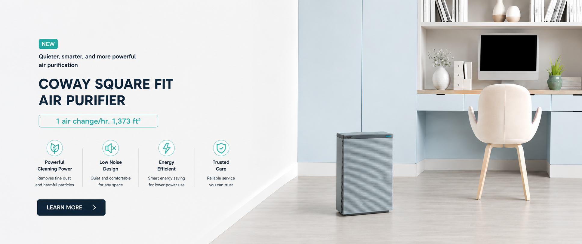 Discover the new Coway Square Fit Air Purifier AP-1125G. Designed for rooms up to 11 pyeong (38㎡), it features a powerful HEPA filtration system that removes fine dust, allergens, odors, and airborne pollutants while providing clean, healthy indoor air.