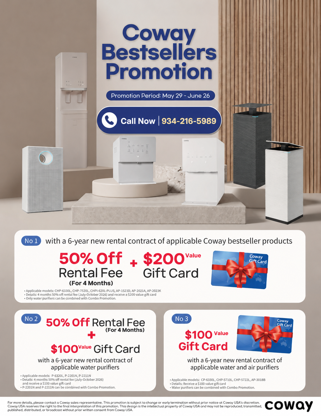 Limited-Time Coway USA Promotion! Get up to 50% off rental fees, up to a $200 Gift Card, and exclusive savings on water purifiers, air purifiers, and bidets. Call Now: 934-216-5989.
