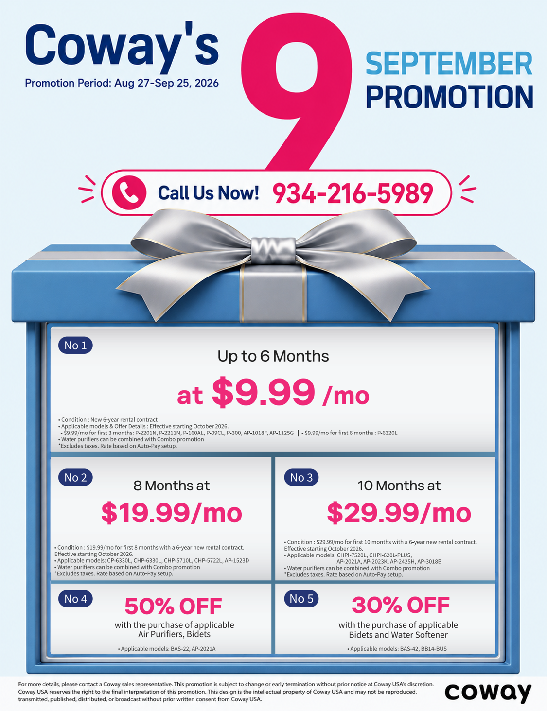 Coway September Promotion (Aug 27–Sep 25, 2026): Rent pure water from $9.99/mo & save up to 50% on air purifiers & bidets. Call Coway USA at 934-216-5989 today!
